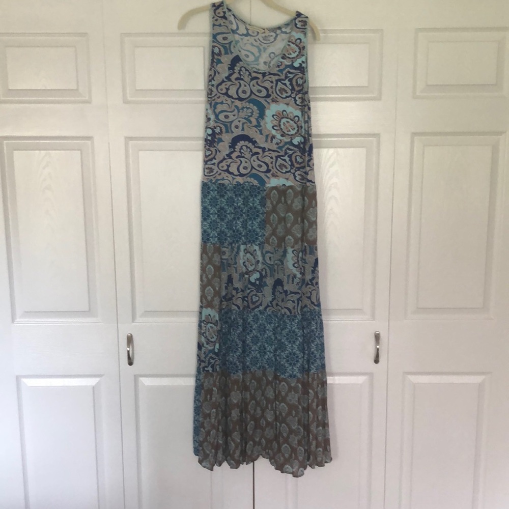 Soft Surroundings Blue and Brown Patterned Maxi Dress - M
